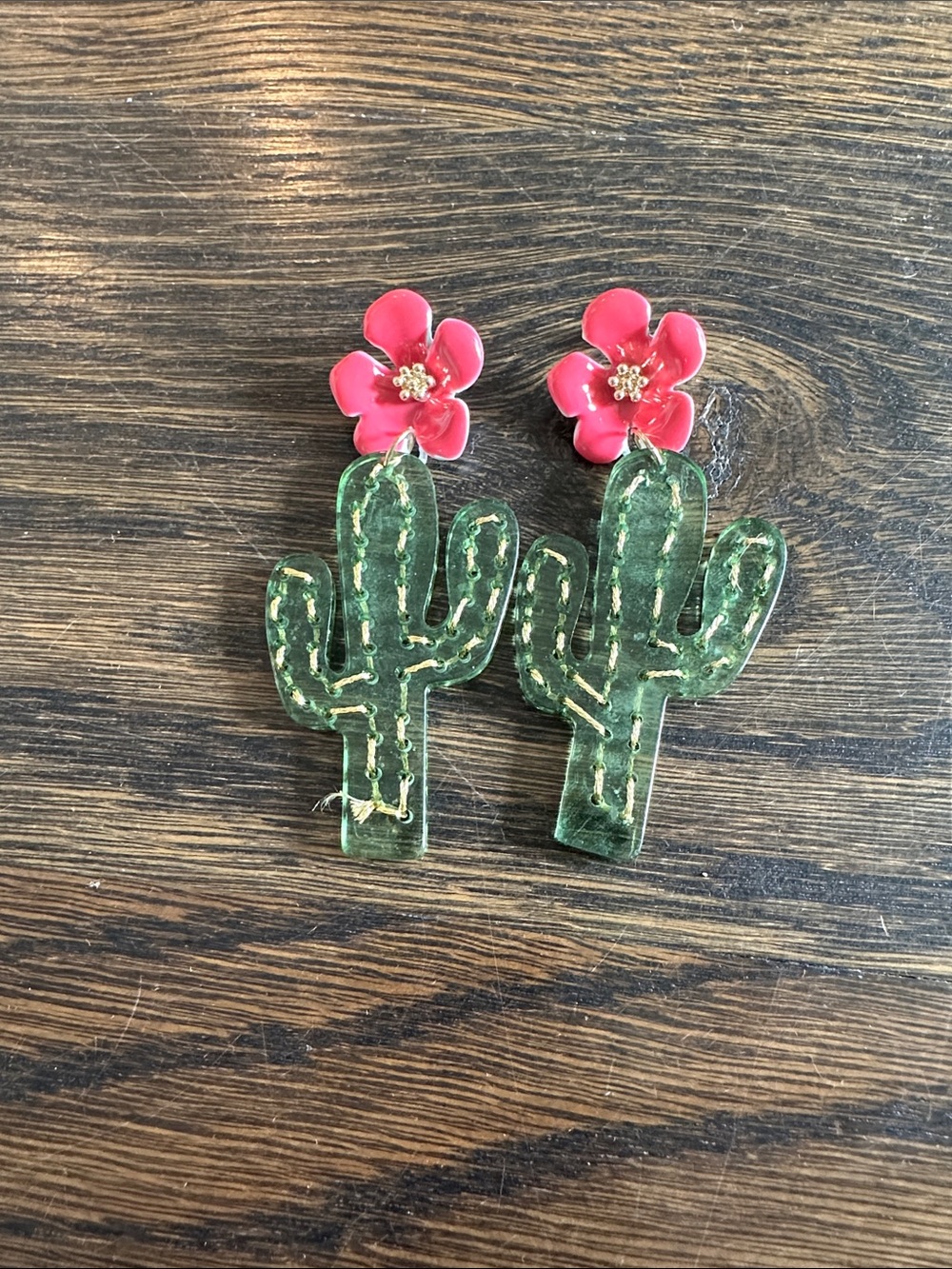 Cactus Drop Earrings with Pink Flower Studs